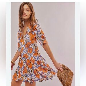 Free People Sugar Crush Floral Orange and Blue Dress